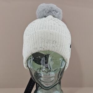 Jocelyn Hat Beanie Ivory Splatter Paint Faux Fur Pompom Cottagecore Winter Gift